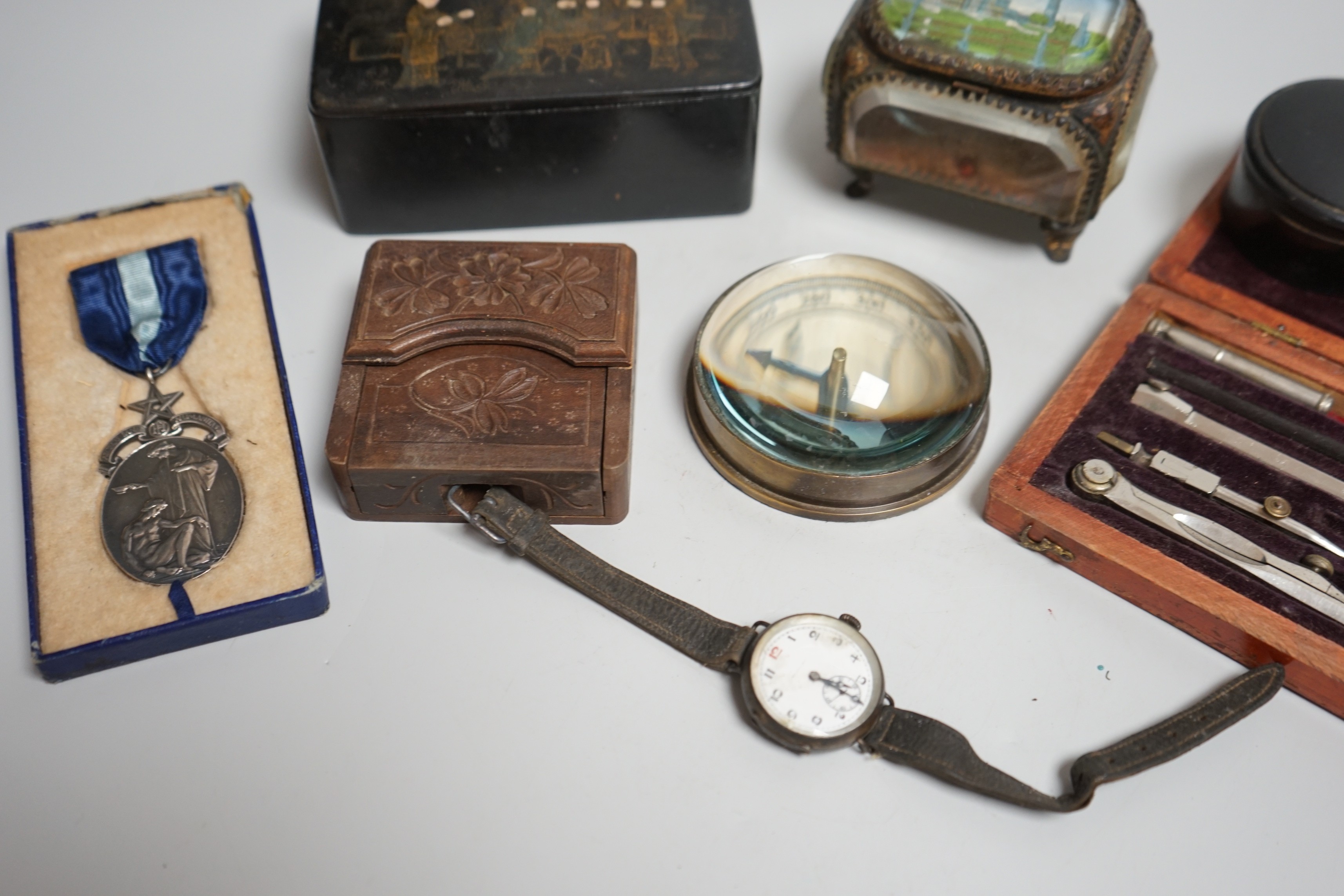 Mixed collectables: Stanley compass paperweight, a cranberry pot, a Great Exhibition souvenir casket, etc